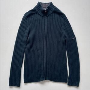 Vtg Y2K DKNY Mens Black Ribbed Cotton Zip Up Cardigan / Sz L / Made in Japan